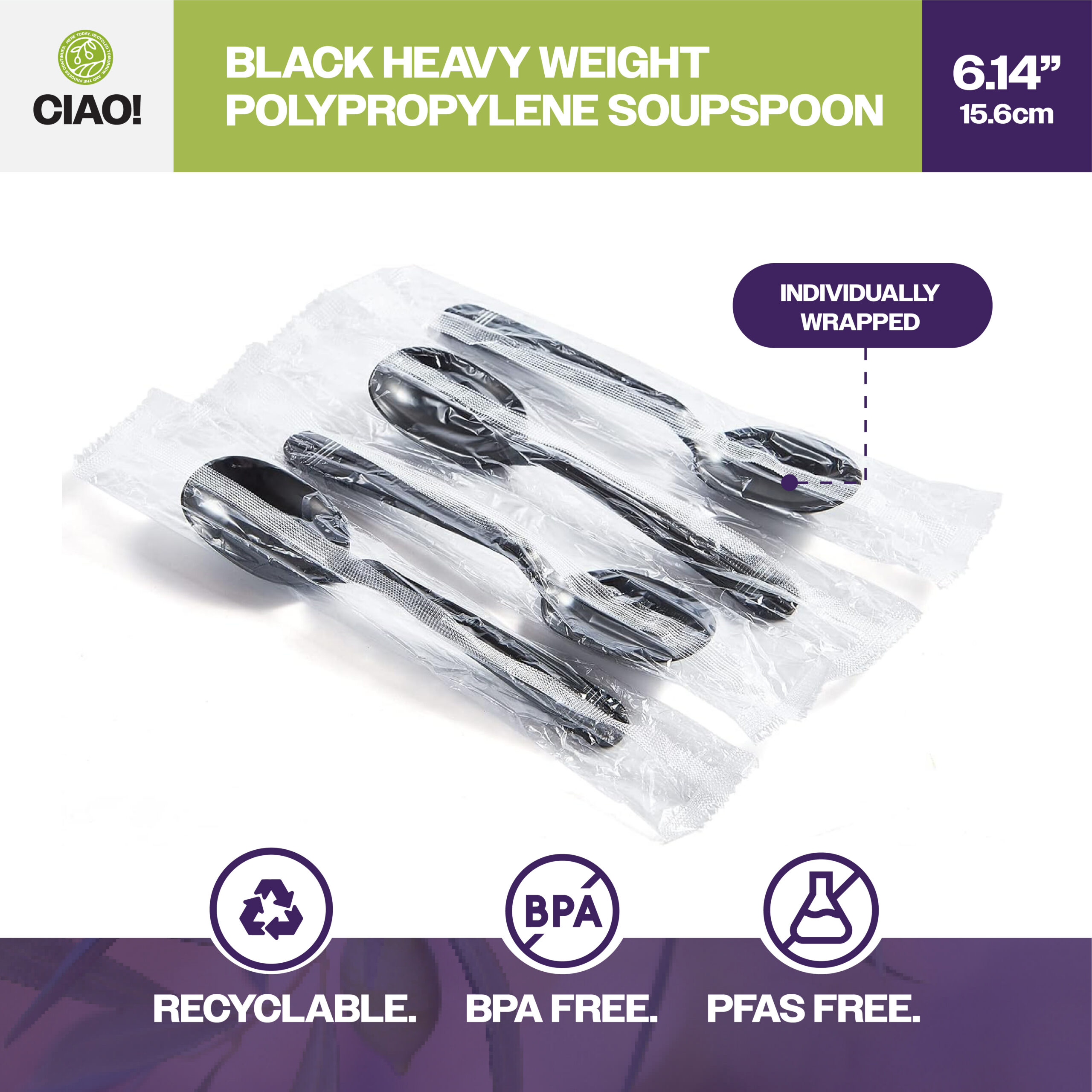 CIAO! Heavy Weight Black Polypropylene Soup Spoon Individually Wrapped (Case of 1,000) - Image 3