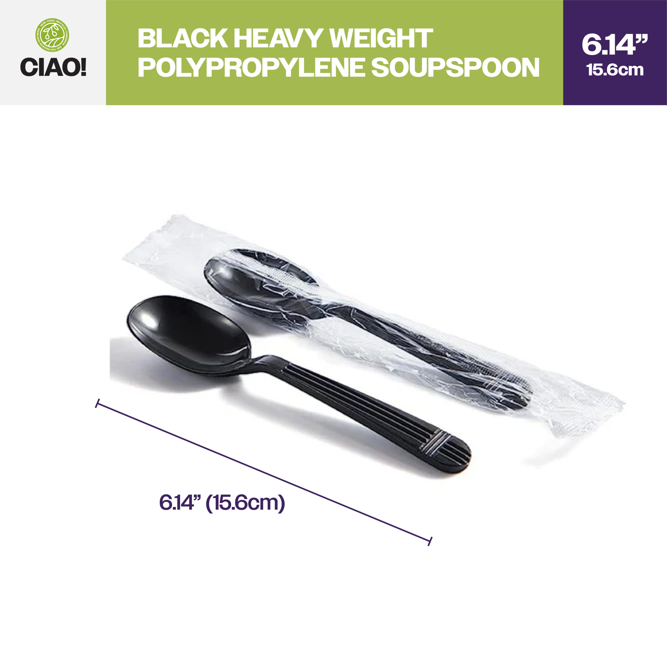 CIAO! Heavy Weight Black Polypropylene Soup Spoon Individually Wrapped (Case of 1,000) - Image 2